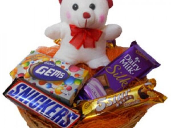 BASKET OF ASSORTED CHOCOLATES WITH TEDDY BEAR