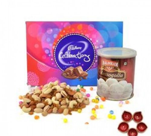 Mouth Watering Combo Of Goodies with Diya