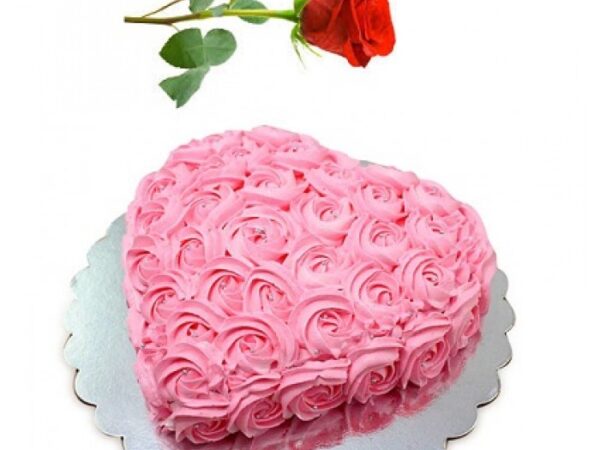 Pink Flower Heart Cake 1Kg with a Rose