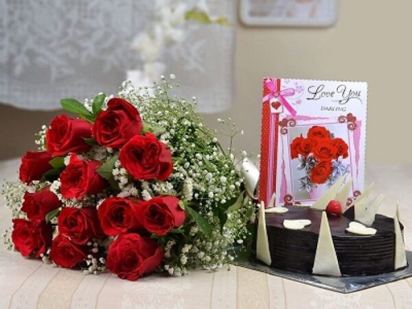 LOVE Greeting Chocolate Cake with 12 Red Roses