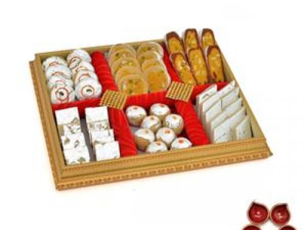 Mixed Delectables in a Decorated Tray with Diya