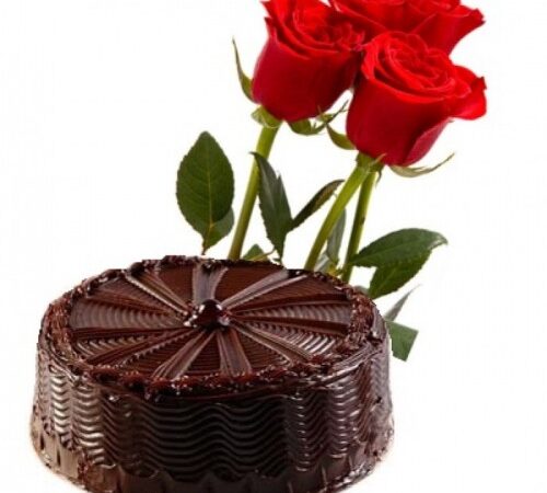 Chocolate Cake with 3 Red Roses