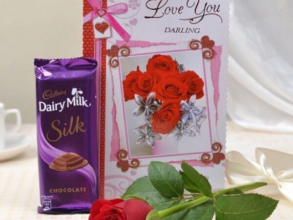 Red Rose with Cadbury Silk and Greeting Card