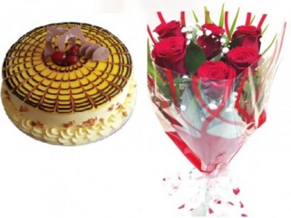 Butterscotch Cake And Red Roses
