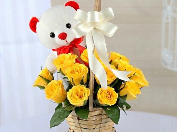 Lovely Yellow Roses with Teddy Bear