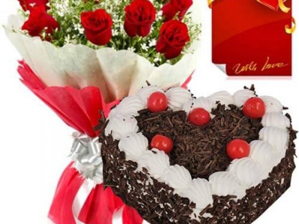Heart Shape Black Forest Cake 10 Red Roses Bouquet And Love Card