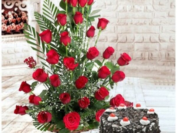 Red Roses Basket With Black Forest Cake