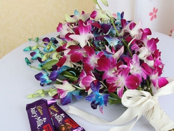 Purple And Blue Orchids With Cadbury Chocolates