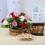 Mix Roses Basket Arrangement With Dryfruits And Cookies