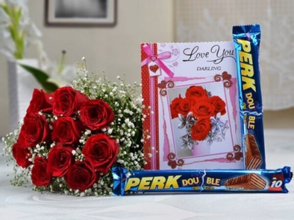 Bunch of 10 Roses with 2 Bars of Perk Chocolate & Love Card