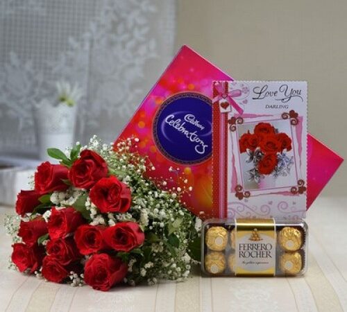 Cadbury Celebrations with 12 Red Roses & Ferrero Rocher