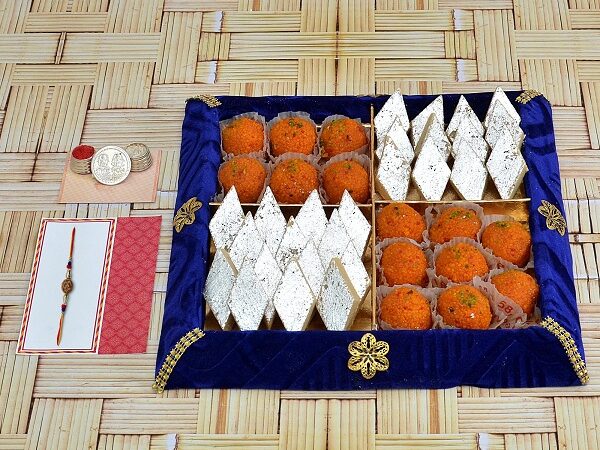 Rakhi Sweets Thali - Motichur Laddu & Kaju Barfi with Thali and Rakhi