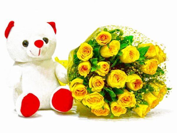 15 Yellow Roses in Round Basket with Teddy Bear
